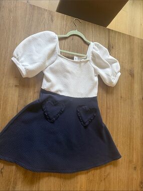 Janie and Jack White Puff Sleeve Top with Navy Heart Pocket Skirt